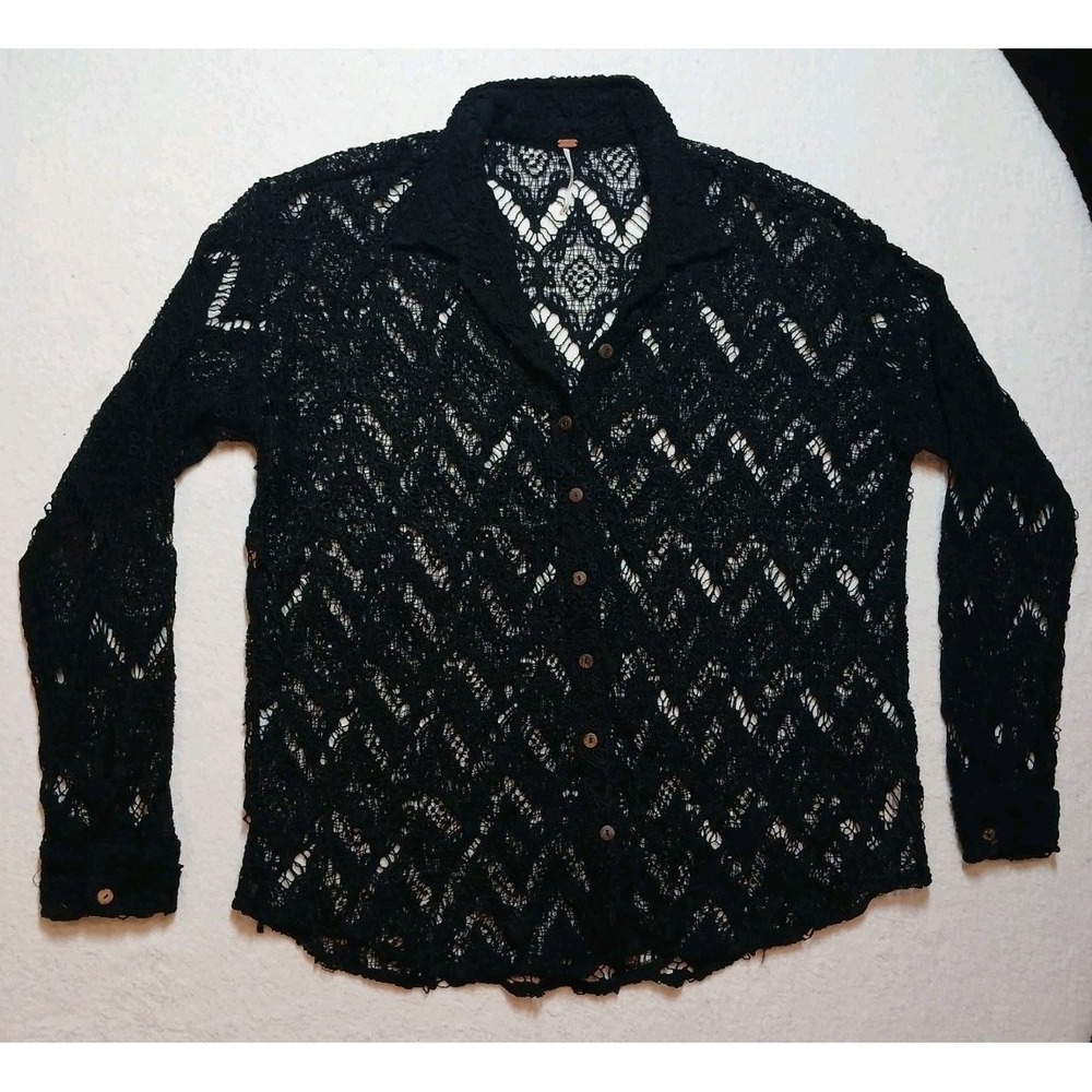 Free People Lace Blouse Top Womens Large Black Long Sleeve Coconut Button